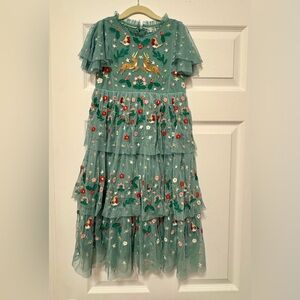 Mini Boden Green Frill Sleeve Tulle Embroidered Party Dress Size 6-7Y